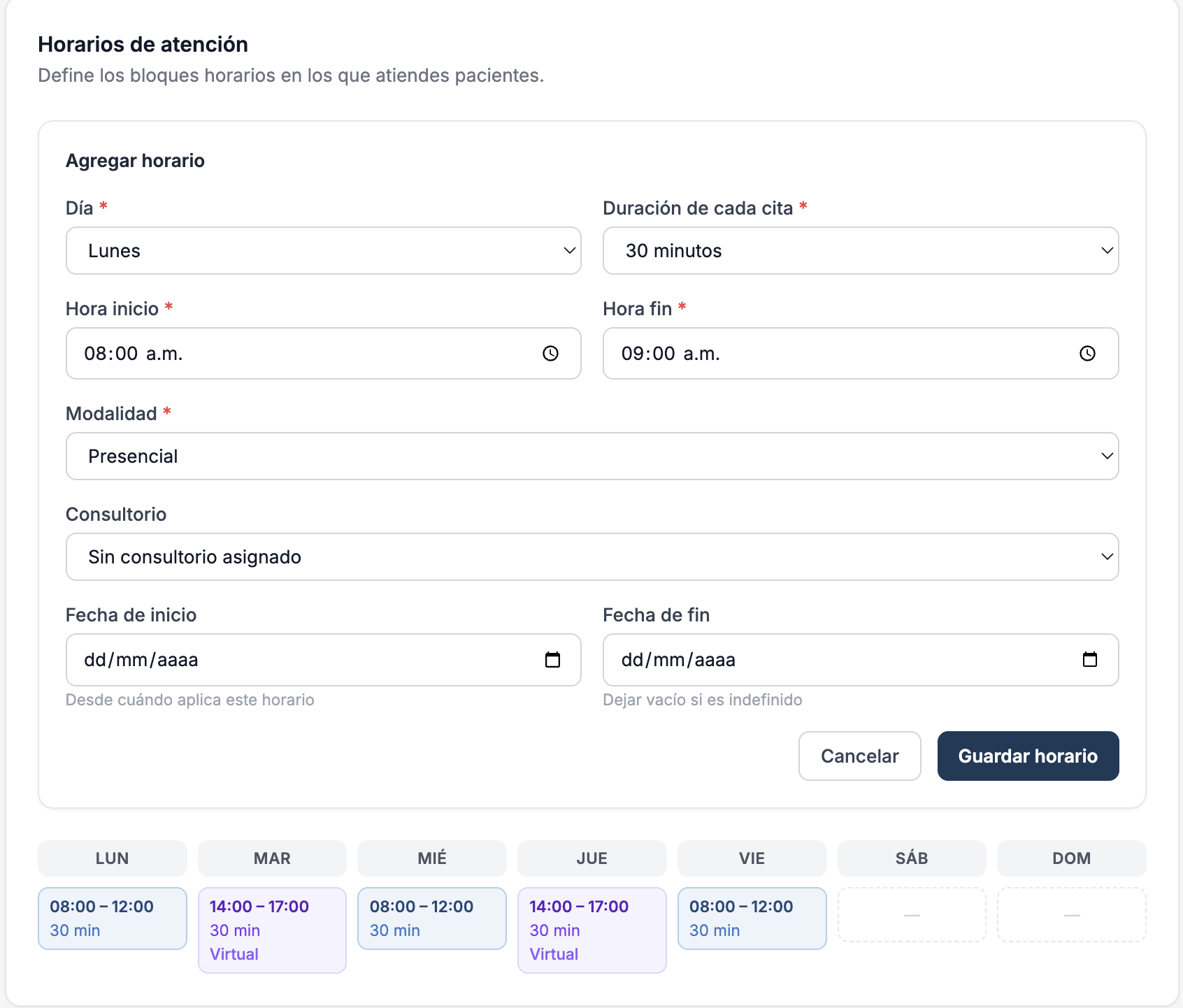 Agregar horario — configuración de día, hora, modalidad y consultorio